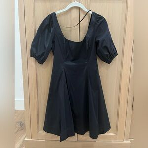 STAUD Black Puff-Sleeve Mini Dress with Scoop Neck